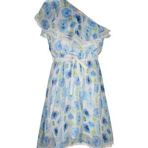 NWT Blue Floral Asymmetrical Dress off shoulder S Chiffon sundress